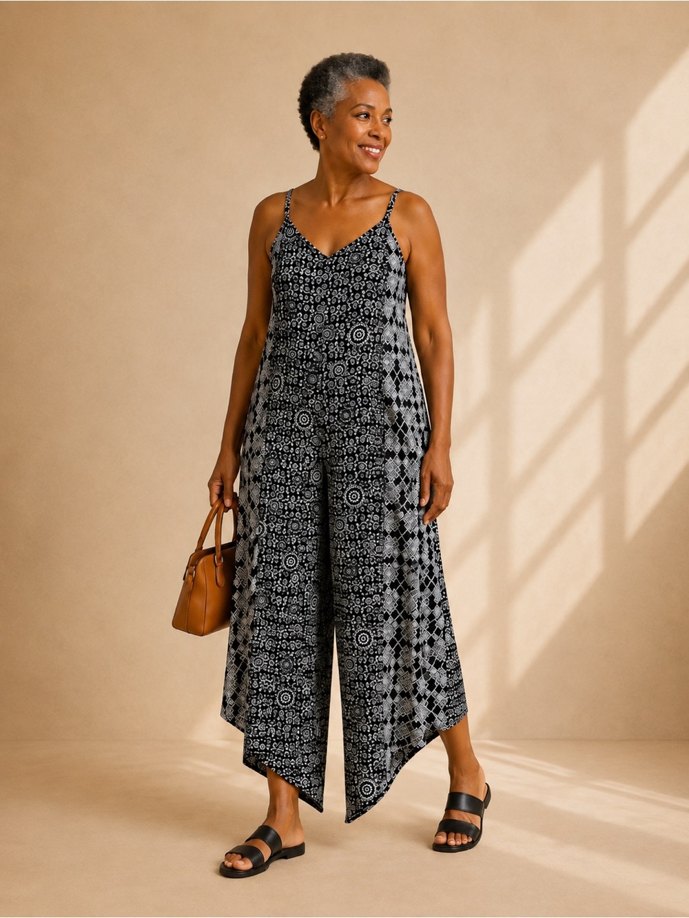 Sleeveless Black & White Printed Wide-Leg Jumpsuit